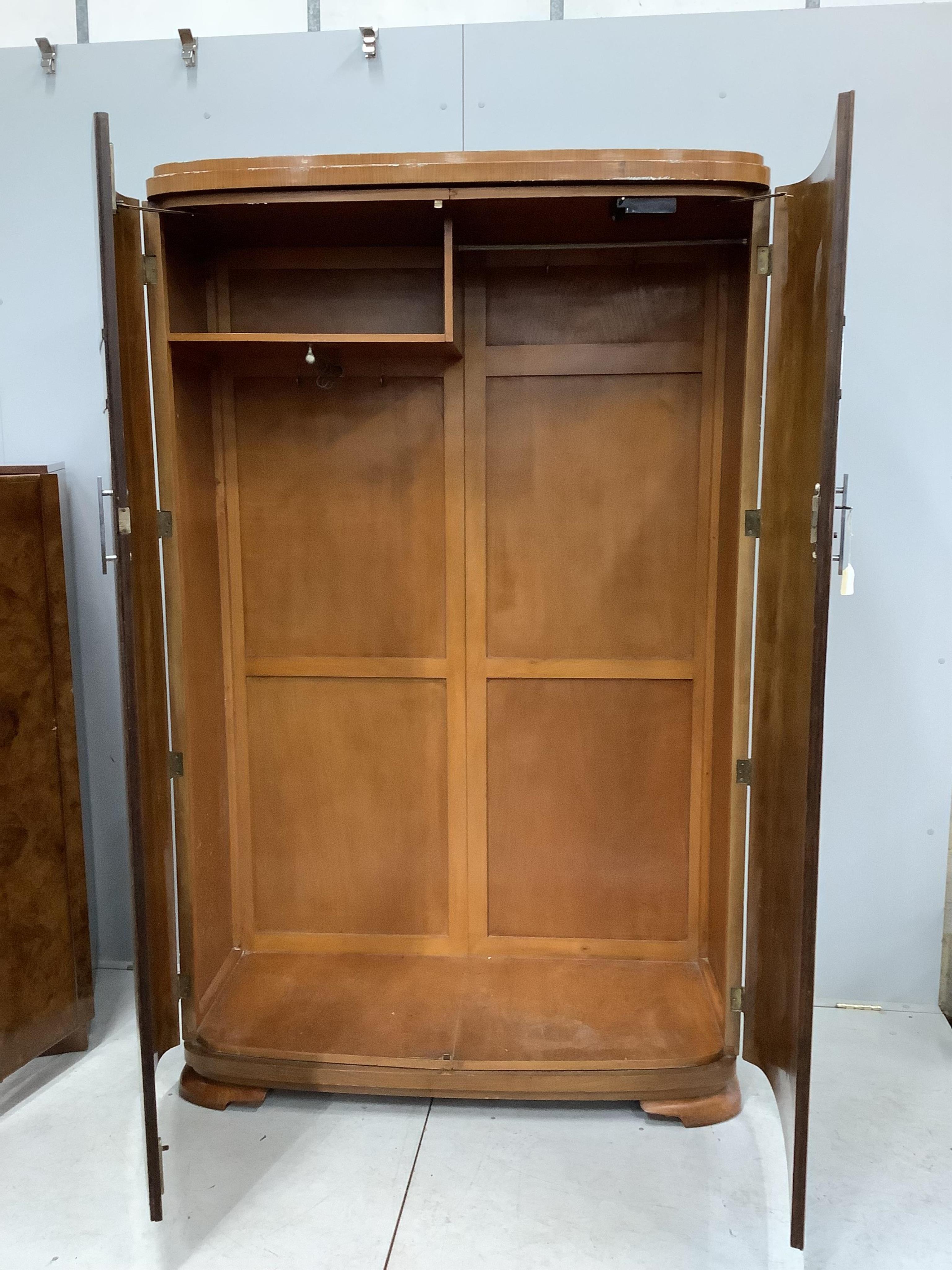 An Art Deco style walnut wardrobe and a gentleman's wardrobe, larger width 124cm, depth 52cm, height 194cm. Condition - fair